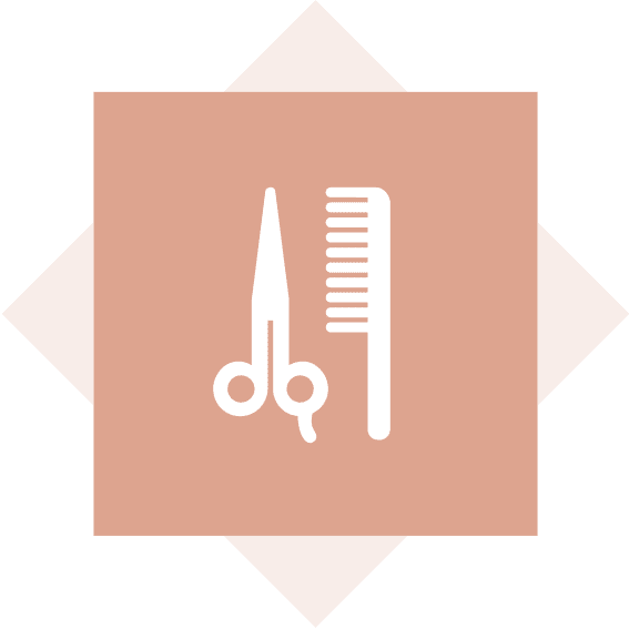 Scissors and comb icon on pink background.